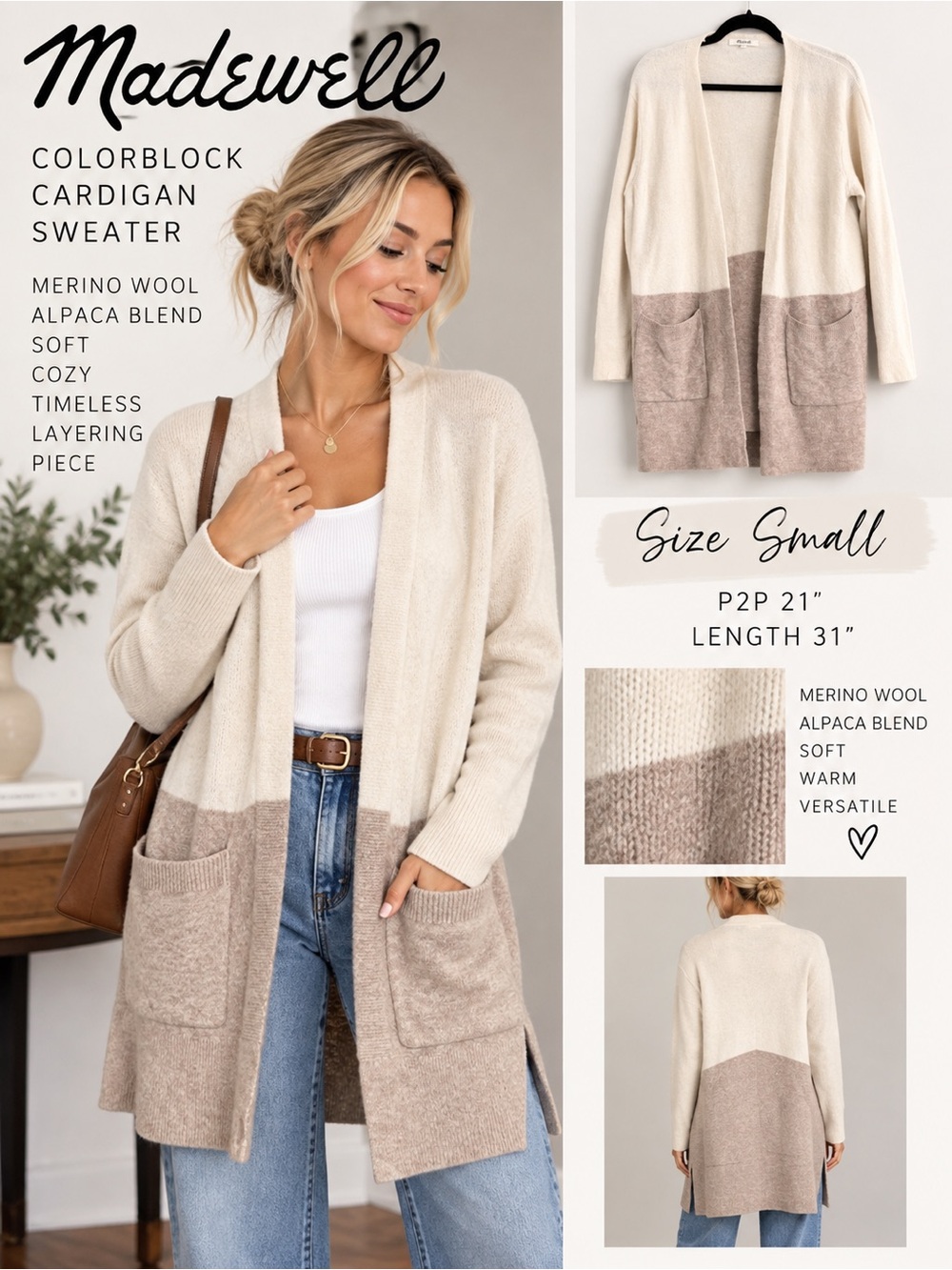 Madewell S Colorblock Merino Wool Alpaca Long Cardigan Sweater Pockets